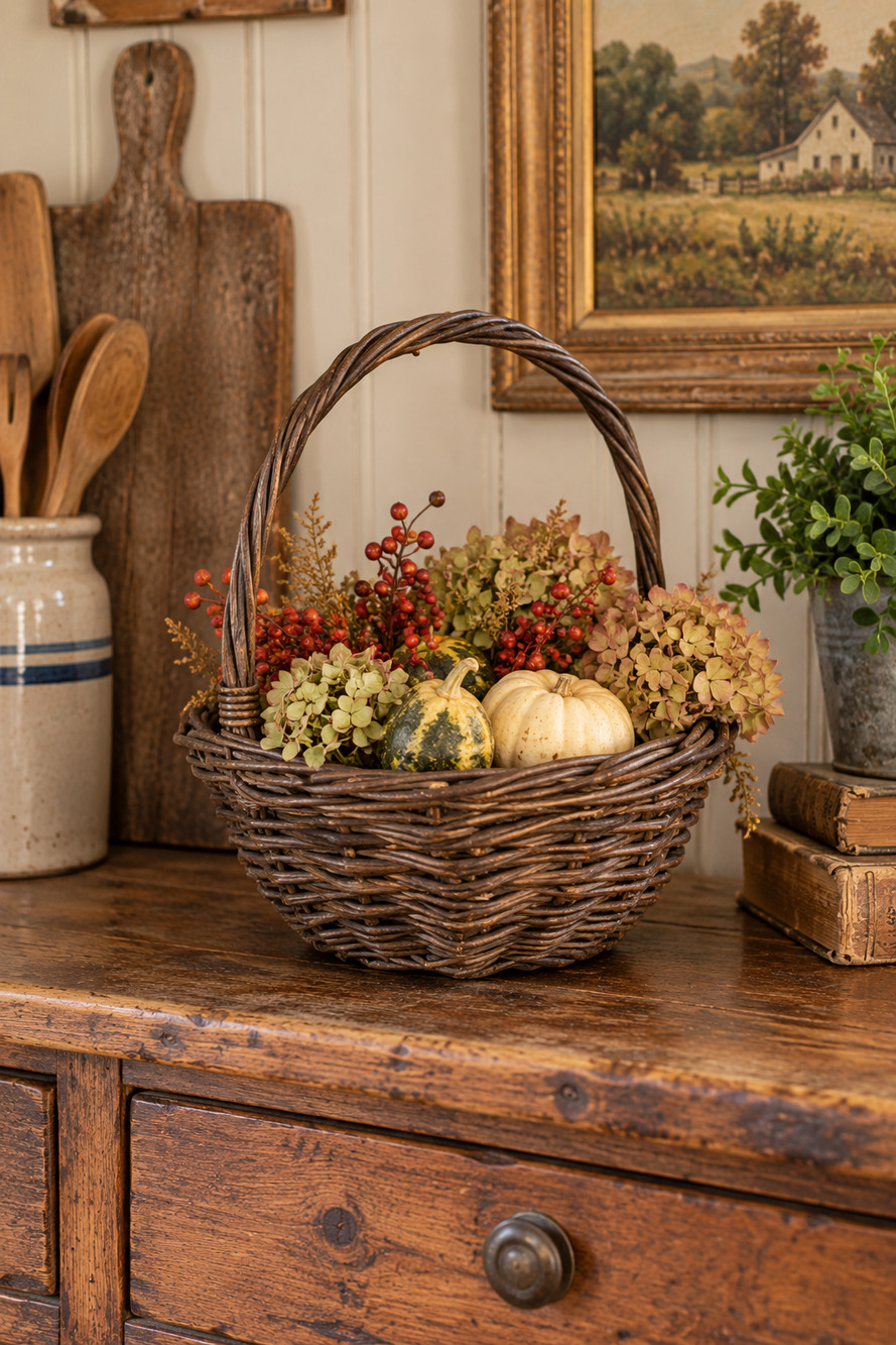 Vintage Twig Basket Brown Country Farmhouse Cottage Cabin Handmade